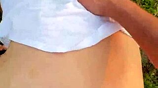 Curvy big tit milf couple nearly caught by public pounding her fat pussy with monster cock outdoors