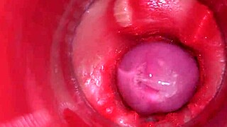 Camera films powerful cum flooding oiled pussy internals