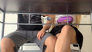 under the desk, horny classmate rides my huge cock in lingerie
