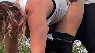 Curvy big tit milf couple nearly caught by public pounding her fat pussy with monster cock outdoors