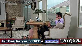 Jayden grabs his freeuse wife Sarah's mouth for a deepthroat blowjob while chatting with the boss