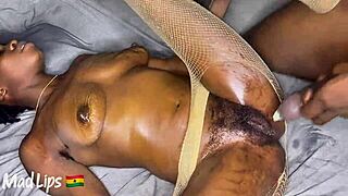 Slim black lactating milf's big pussy takes long BBC creampie cumshot deep