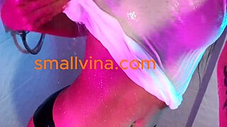 horny 18+ asian teen plays with tits in bathroom