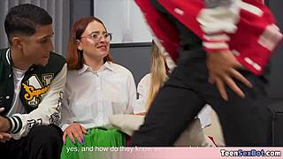 damn these cute geek latinas with small tits get roughed up by alphas in school hall