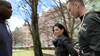 dark haired babe in red lace moans as big black cock stretches her while man licks shaved pussy