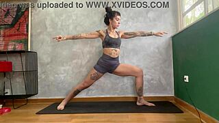 Curvy gym babe poses yoga stretches flashing huge ass and tits first time