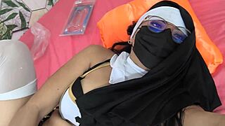 Slutty religious woman rams double dildos ass vagina play 😈