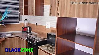 curvy ebony stepmom tempts stepson in kitchen close up