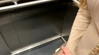 we get caught fucking hard in elevator with hot neighbor after quick panty lick
