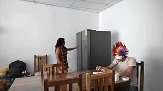 Teasing dildo while feeding blind man