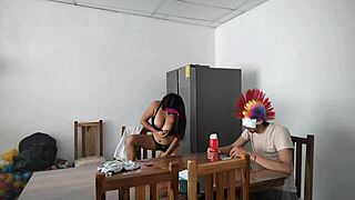 Teasing dildo while feeding blind man