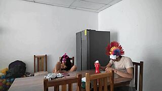 Teasing dildo while feeding blind man