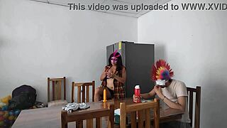 Teasing dildo while feeding blind man