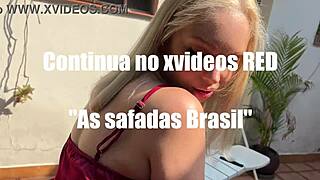 Hot blonde teen crossdresses for black russian cock in sweaty yard sweeping fun