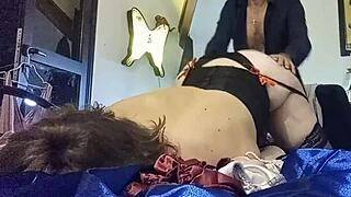 french slut in satin red dress gets doggystyle fucked while he licks her clothed ass hole and panties