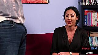 Amateur milf in stockings teases curious voyeur across the room while he watches intently