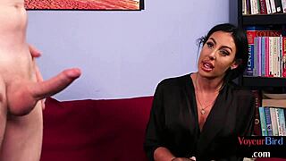 Amateur milf in stockings teases curious voyeur across the room while he watches intently