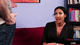 Amateur milf in stockings teases curious voyeur across the room while he watches intently