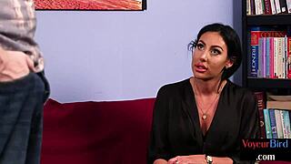 Amateur milf in stockings teases curious voyeur across the room while he watches intently