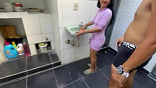 Skinny stepdaughter trades bathroom scrub for tight pussy milking.