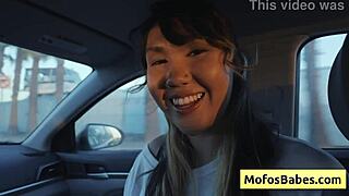 Sexy Asian Hottie Teases Big Natural Boobs in Car Before Friend