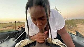 Pulled Over for Bent-Over Ebony Fuck with Outdoor Cumshot