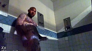 Prison dude jerks massive tattooed cock to wet solo cum