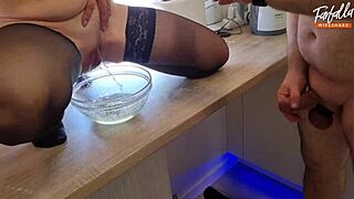 blindfolded wife bent over for horny old milf threesome cumshot surprise