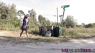 Bound Student Gets Hammered Hard Outdoors!