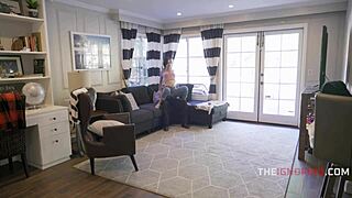 old man casually fucks busty teen in jeans riding cowgirl ignoring her