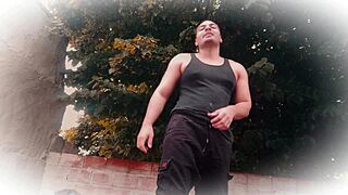 i rip my pants kicking like in kickboxing then stroke my huge muscle cock hard