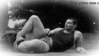 i rip my pants kicking like in kickboxing then stroke my huge muscle cock hard