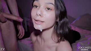 step-brother unloads rough cumshot facial and mouth on my small tits after orgasm