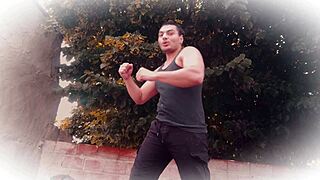 i rip my pants kicking like in kickboxing then stroke my huge muscle cock hard