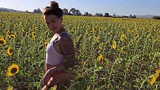 bold sunflower field challenge hides curvy brazilian damiana's european outdoor flashing adventure
