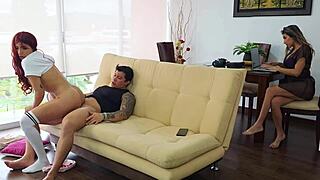 busty milf masturbates watching son-in-law sex then fucks him too