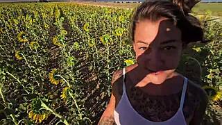 bold sunflower field challenge hides curvy brazilian damiana's european outdoor flashing adventure