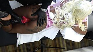 she screams louder shoving that thick dildo deep into her shaved pussy lips