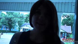 Petite brunette Emma delivers hot footjob on cock then rides dildo in her shaved pussy