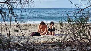 passionate beach lovers caught in cowgirl creampie with her squirting orgasms on telephoto lens