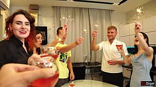 Skinny College Students Fuck Group at New Year's Eve Party Doggystyle and Creampie