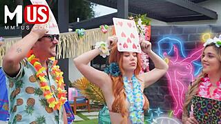 Jerkaoke summertime orgy bends over models in wild group handjob game