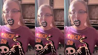 Blonde with glasses brushes long hair using lollipop in asmr