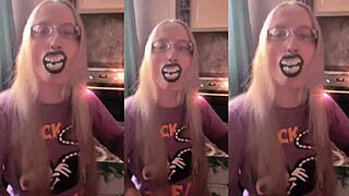 Blonde with glasses brushes long hair using lollipop in asmr