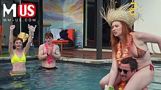 Jerkaoke summertime orgy bends over models in wild group handjob game