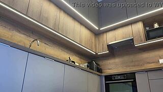 that hot petite skinny blonde girlfriend flashes her pink panties and legs teasing in the kitchen