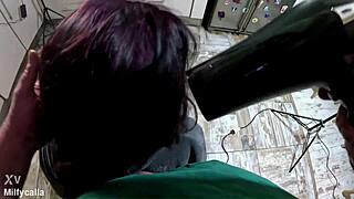 Bathrobe milf dries hair then slurps cock deep with thick cum ropes in her locks