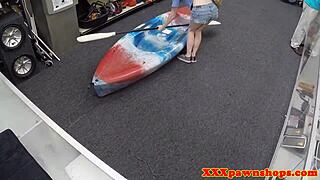 Pawner teen sneaks a wild cock ride in the back office shadows