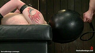 Chained blindfolded slave endures caning choking and dildo deepthroat in bdsm bondage