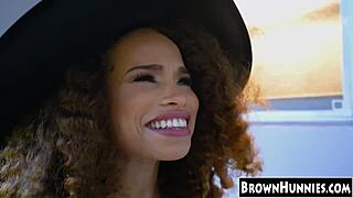 Chocolate teen beauty's petite pussy gets halloween heels stockings tease